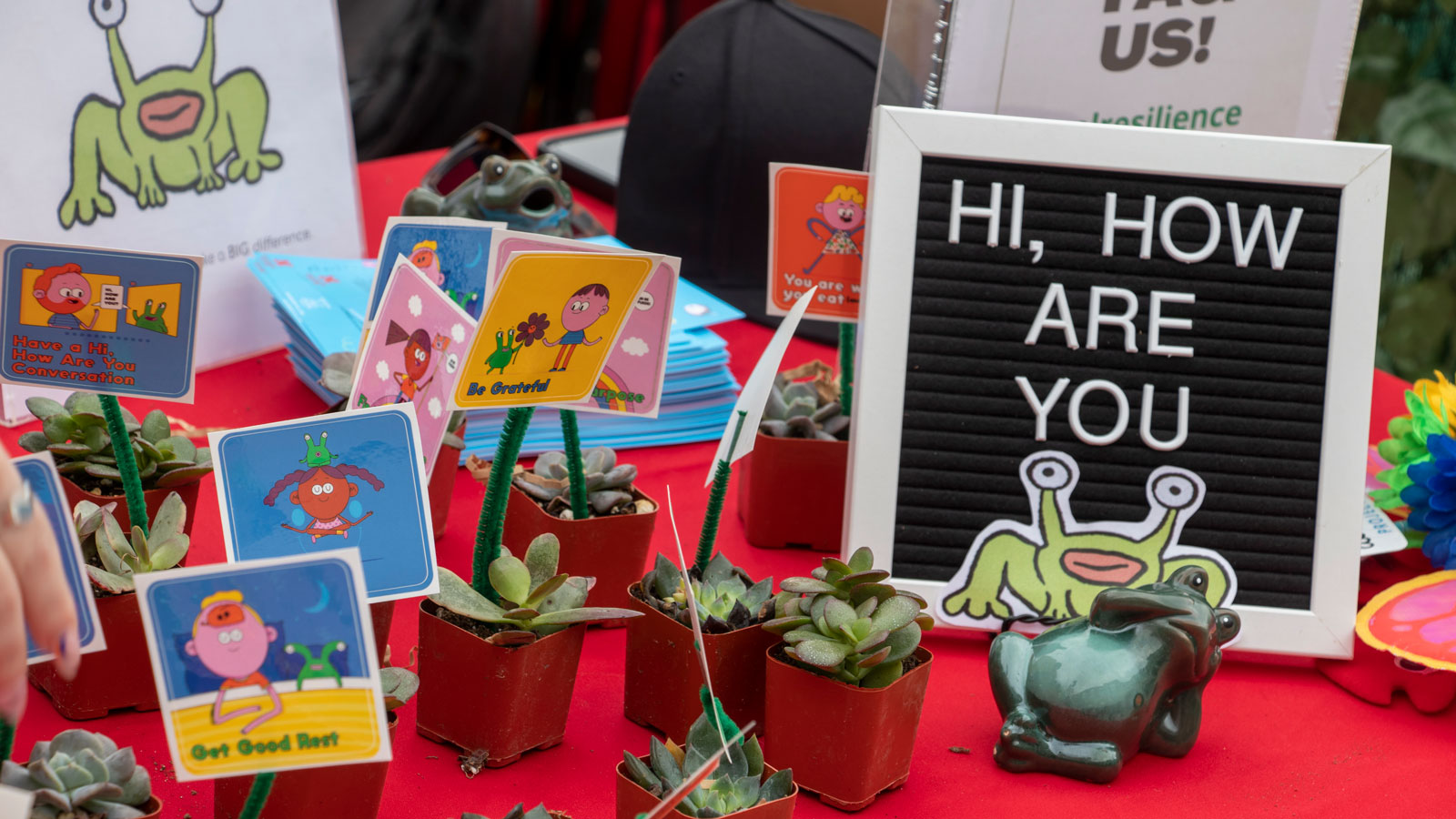 Succulents and signage at Hi, How Are You Day event at the University of Nebraska-Lincoln